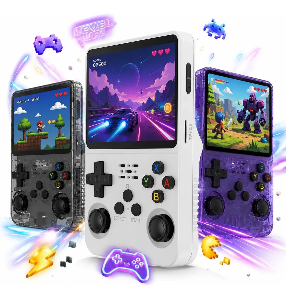 Las tres consolas K40 Max — negra transparente, blanca y morada transparente — mostrando juegos en pantalla